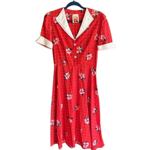 Vintage retro style midi dress floral and checkered print vibrant red - Picture 2 of 15